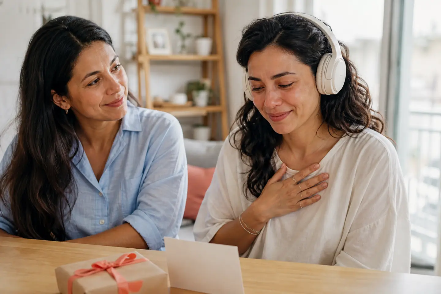 A woman hearing her personal song gift for the first time while her sister watches