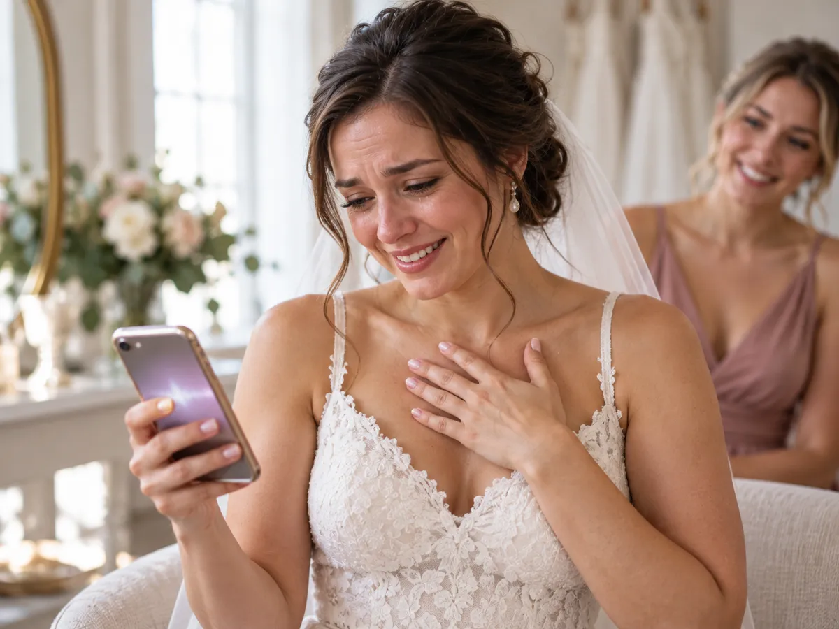 Una sposa commossa ascolta una canzone sul telefono mentre la testimone sorride