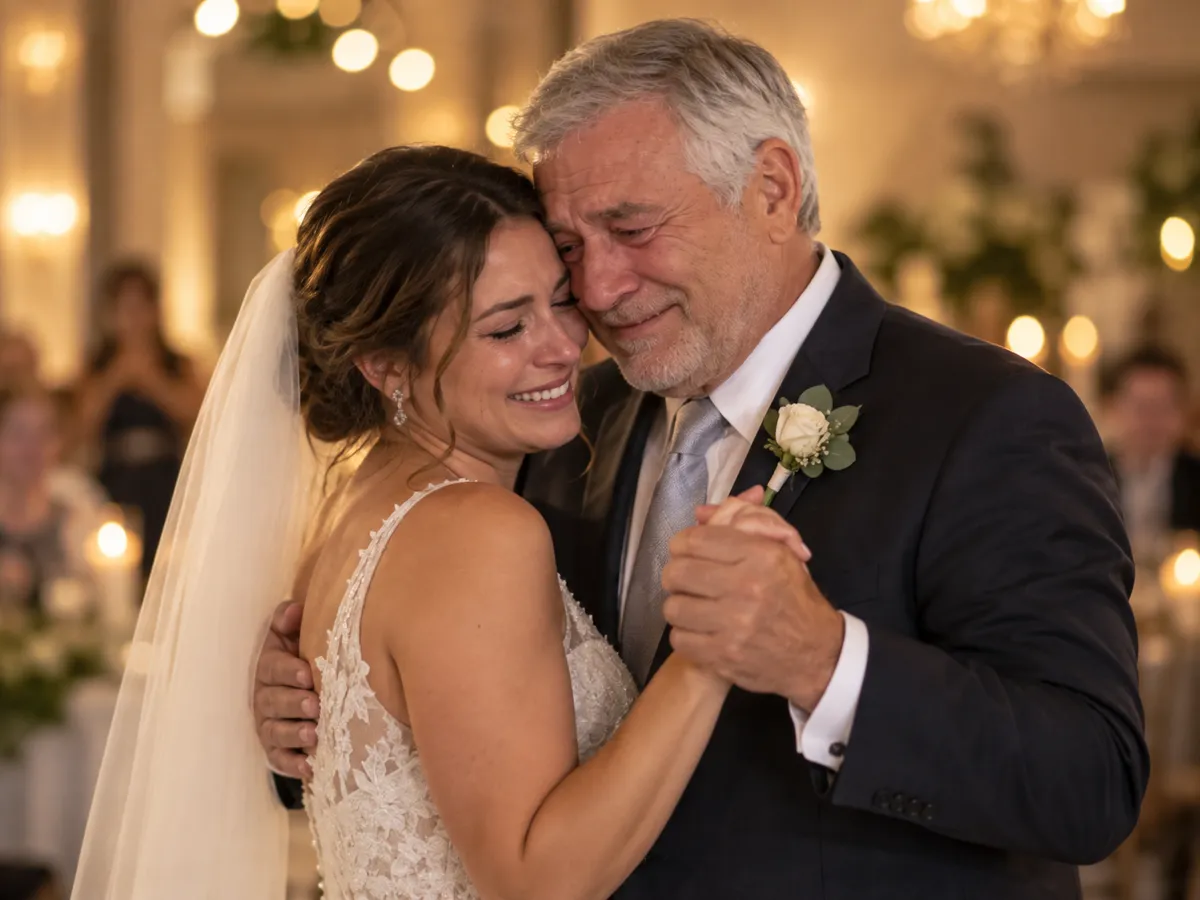 Un papà e la figlia in abito da sposa, commossi, che ballano insieme