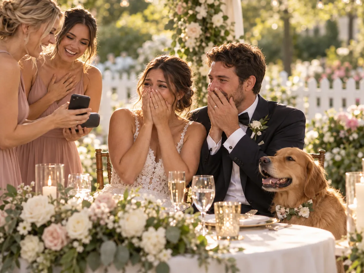 A bride and groom covering their mouths in surprise as bridesmaids play them a song, their golden retriever in a floral bow tie beside them