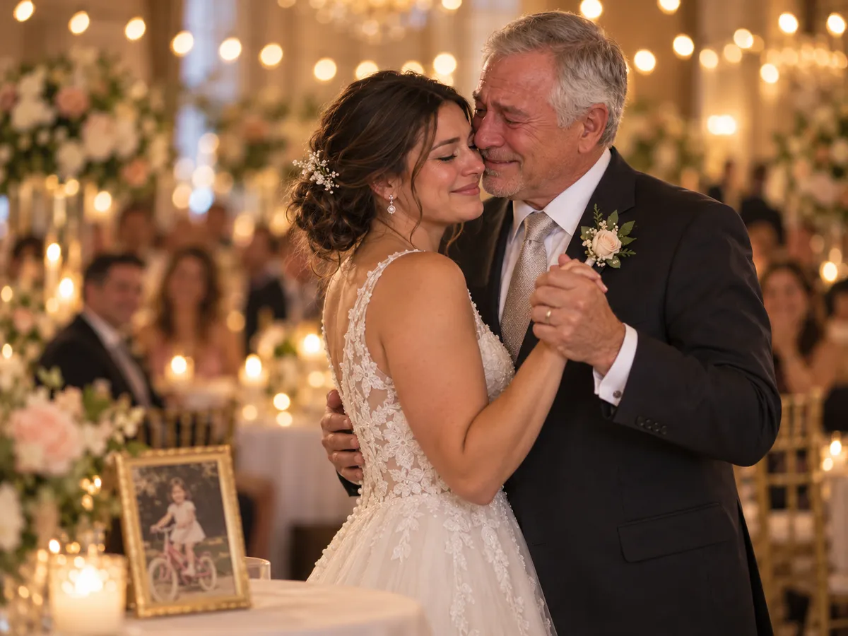 A tearful father dancing with his daughter in her wedding dress, a childhood photo of her on a bike on the table