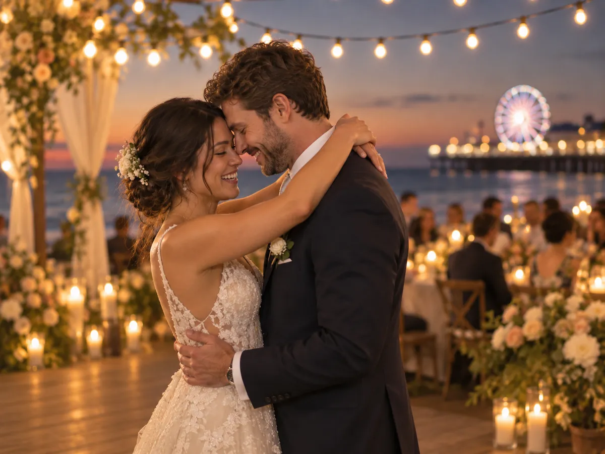 A bride and groom slow dancing under string lights at a seaside reception, a lit ferris wheel on the pier behind them