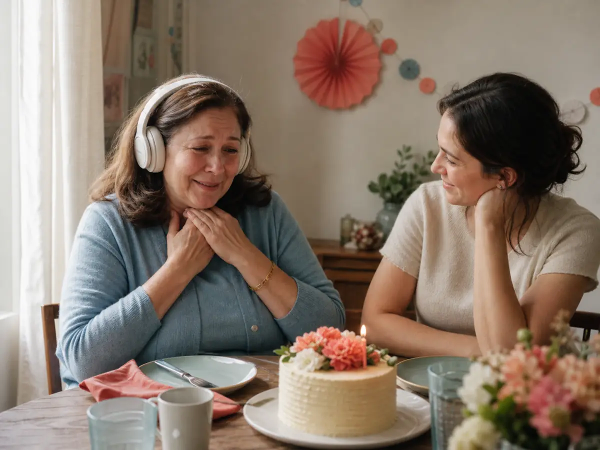 A mother hearing her personal birthday song beside her daughter