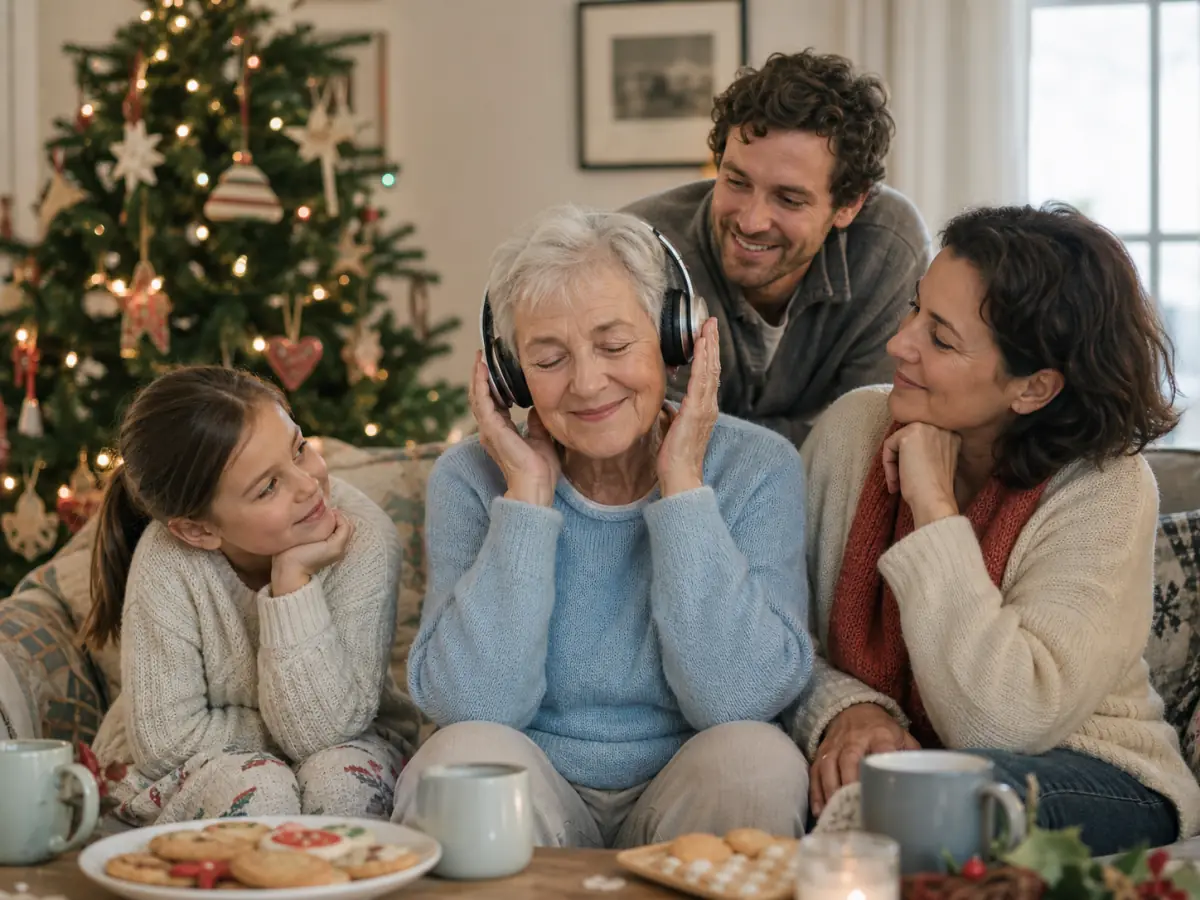 A family watching their grandmother hear a Christmas song