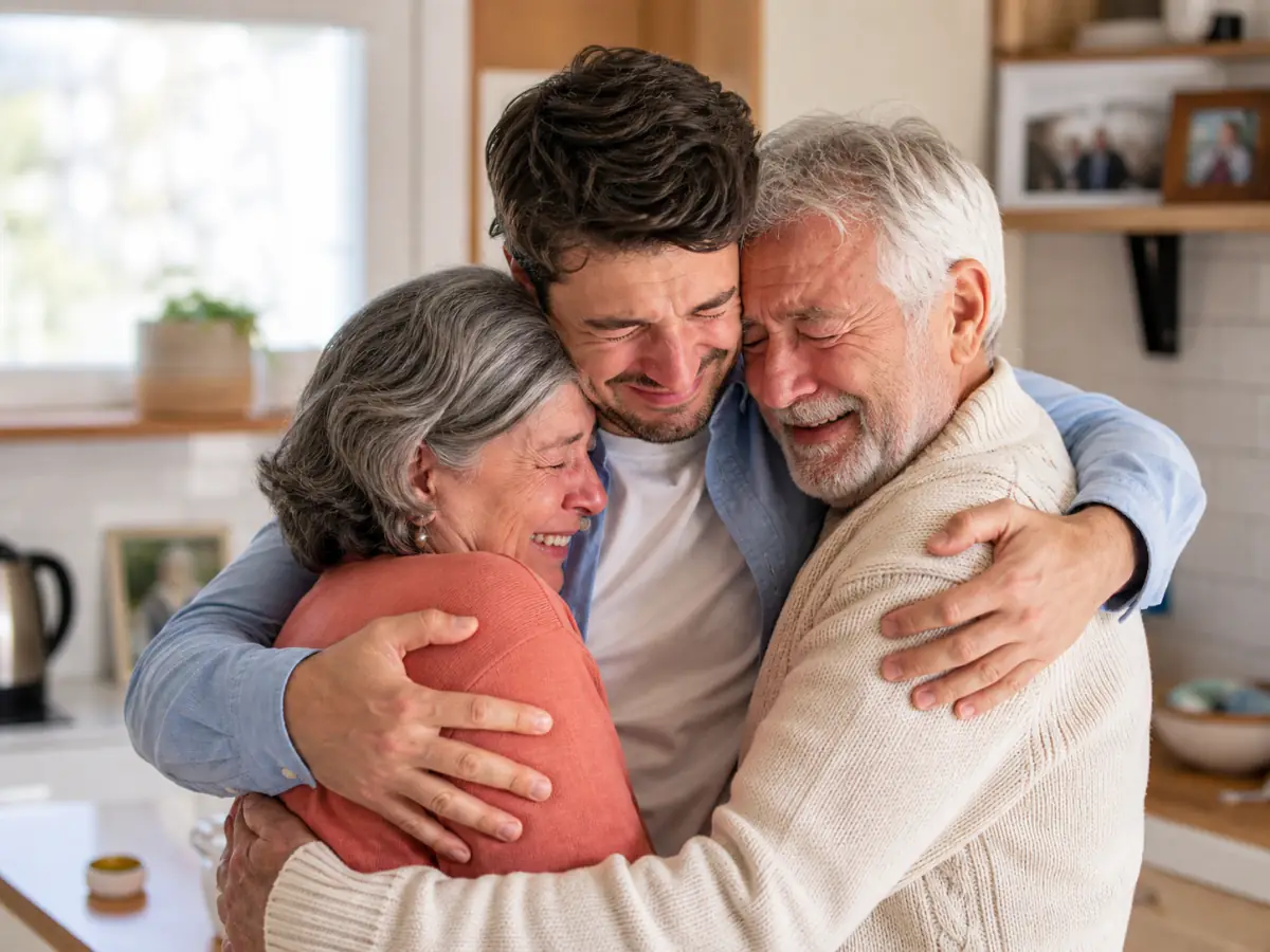 An adult son embracing his parents after a family tribute song