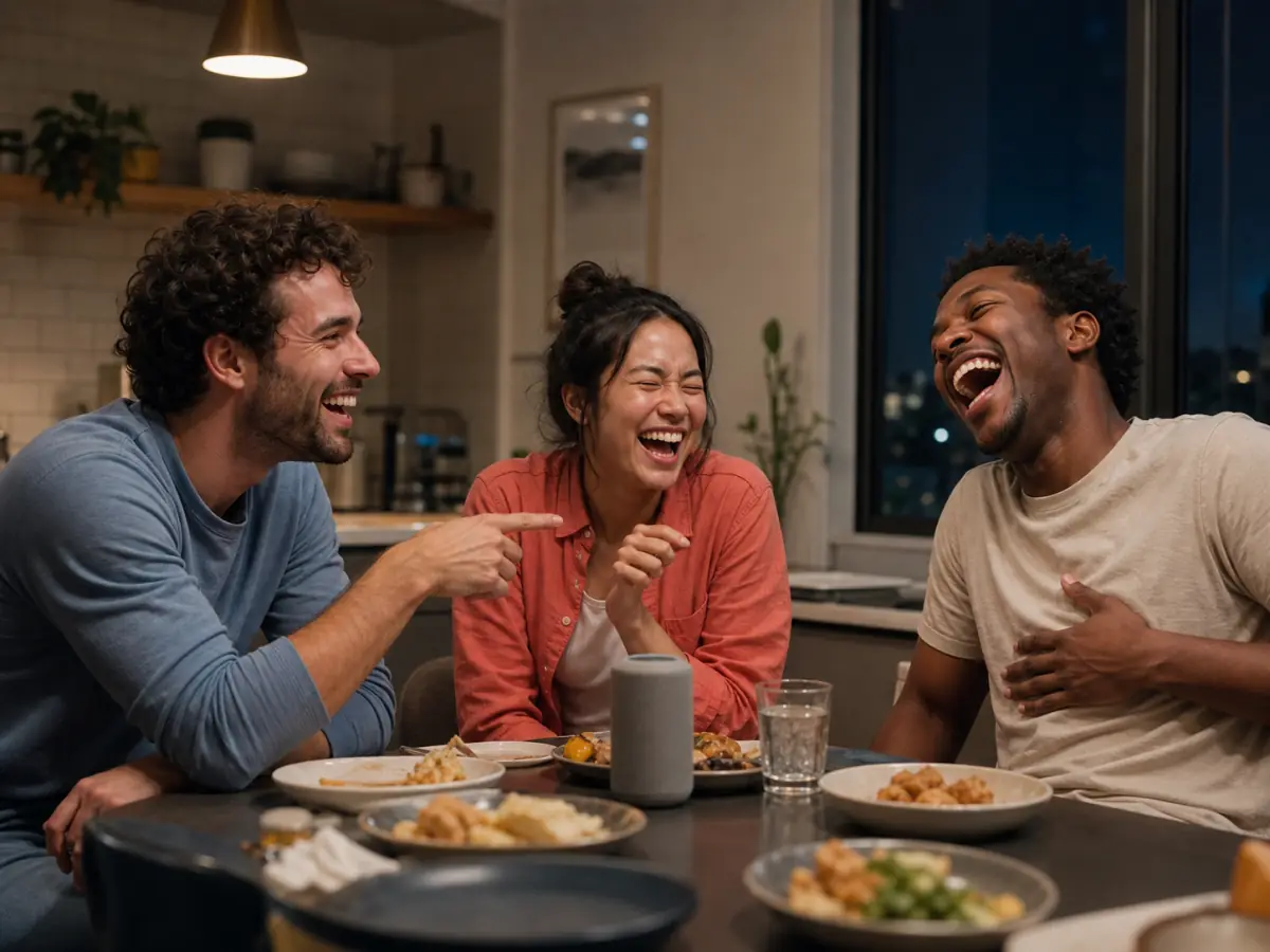 Three friends laughing at an inside joke in their custom song