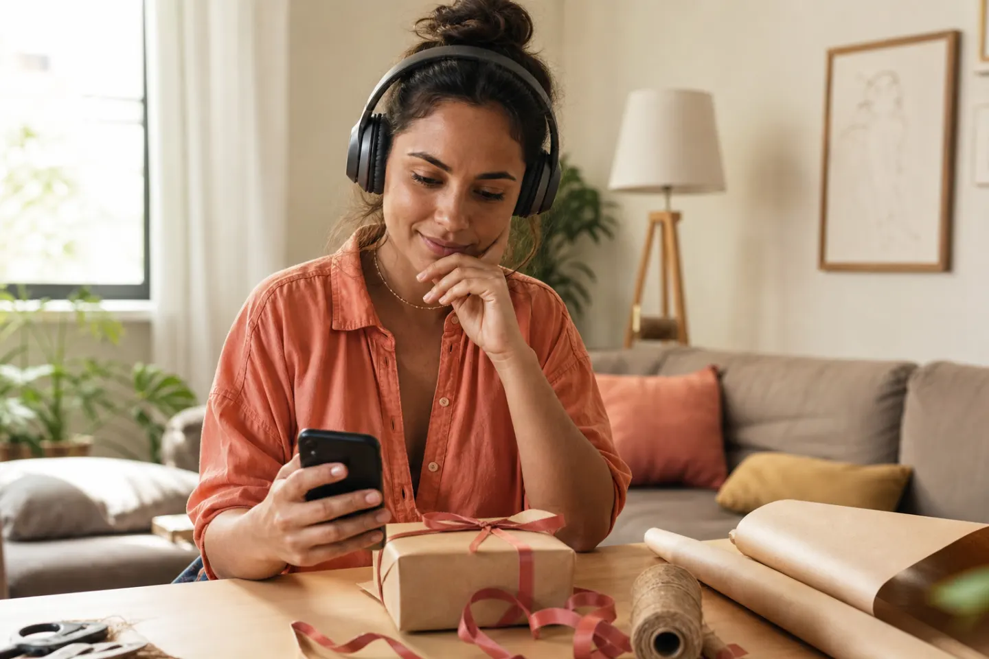 A woman listening closely to her custom song preview on headphones before checkout