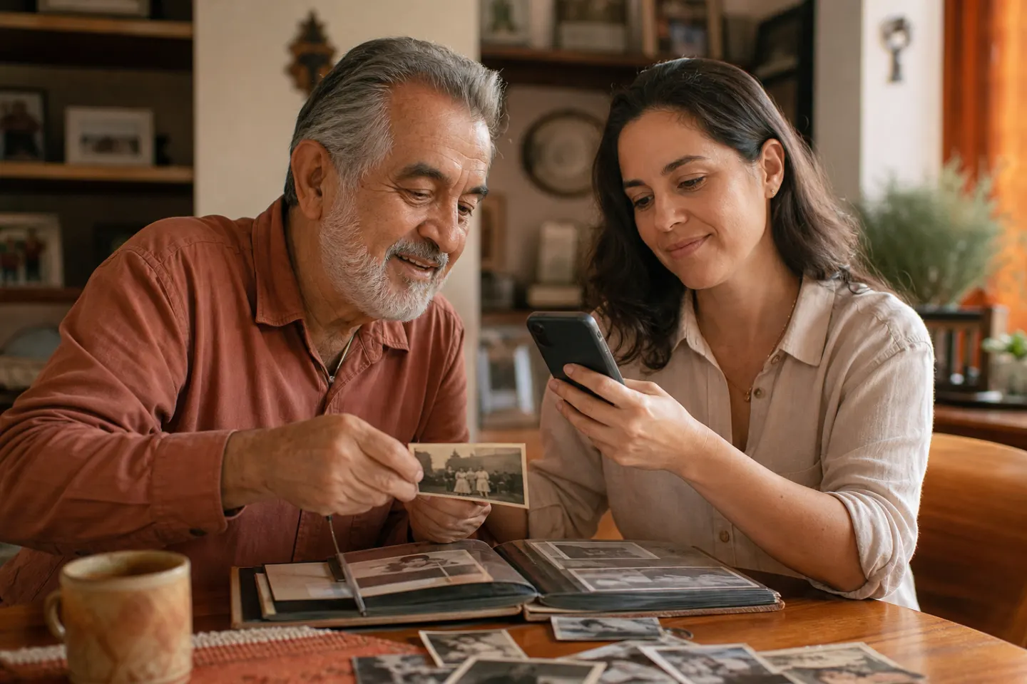 A father and daughter looking through old family photographs while gathering memories for a personal song